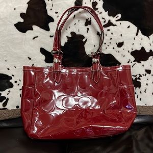 Coach No.F1093-F15246 Red Signature Embossed Patent Leather Satchel Shoulder Bag